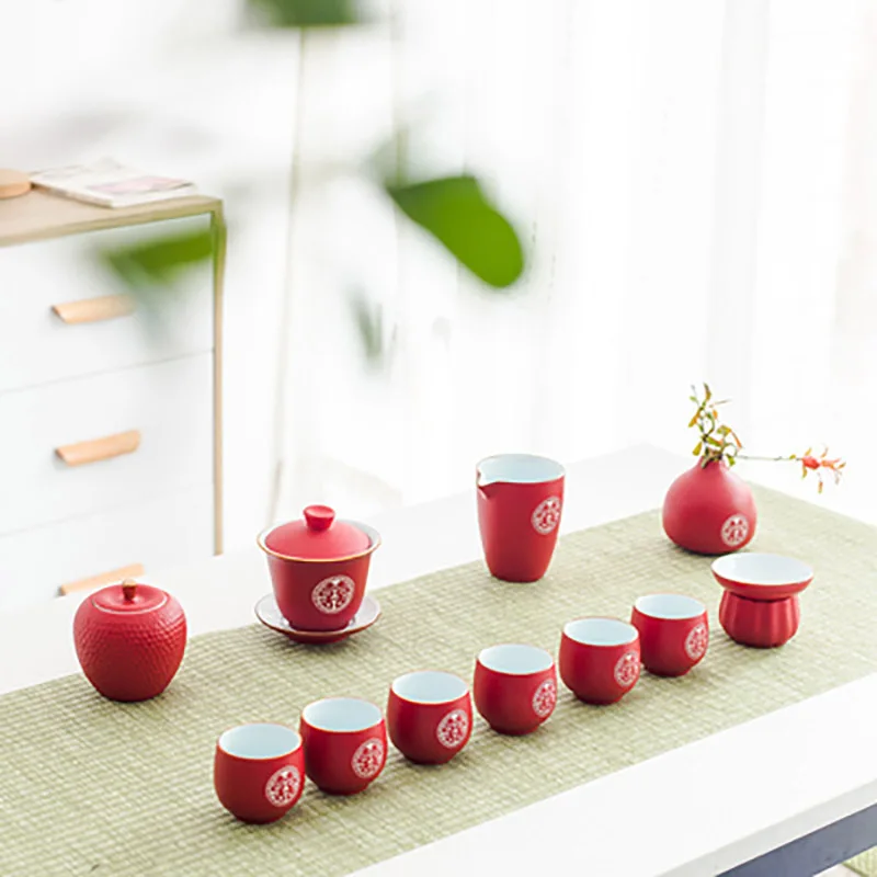 

Ceramic Filter Tea Pot Set, Household Teapot and Cup Set, Chinese Style, Wedding Red Teaware, Housewarming Wedding Souvenir Gi