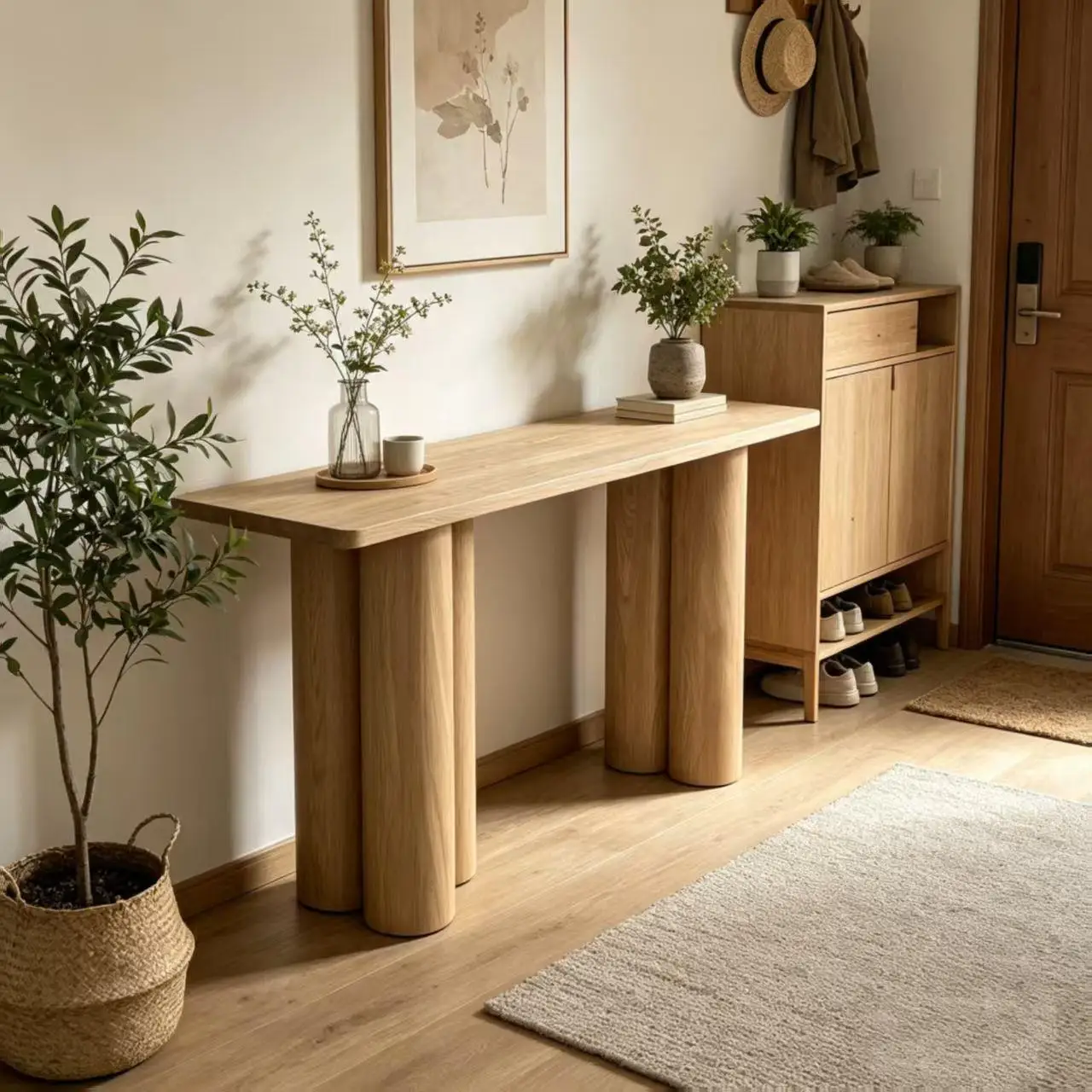 HYS Nordic Natural Wood Color Cylindrical Column Entryway Counter Home Entryway Minimalist Long Strip Decorative Feature Table