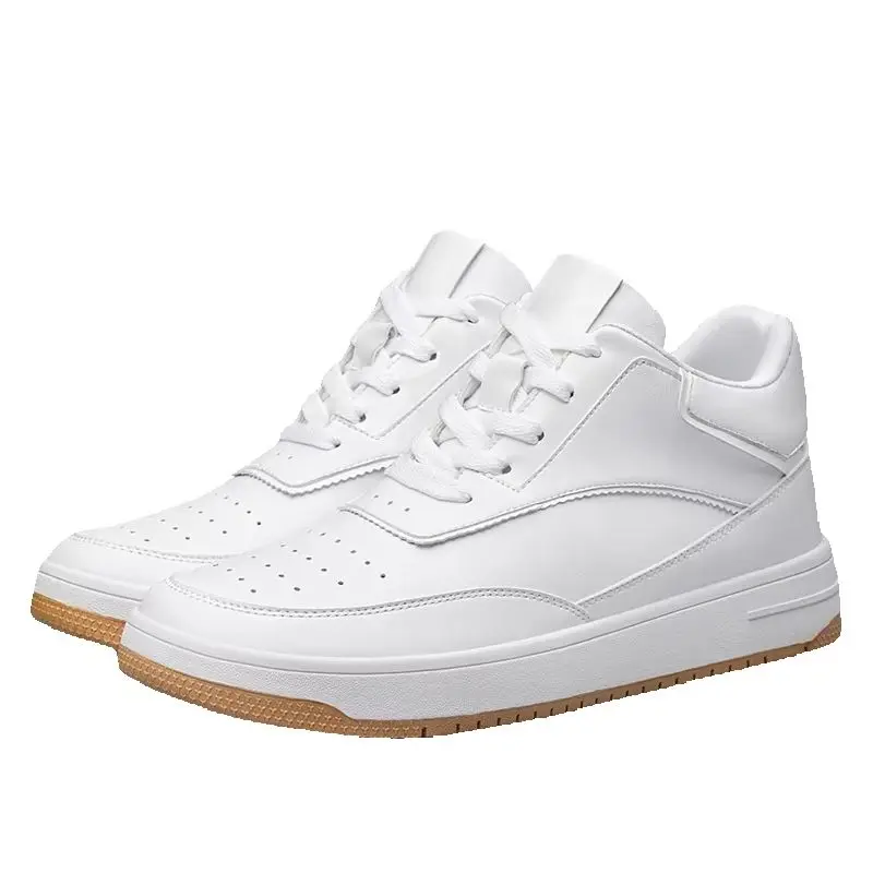 Men's Invisible Height Increasing Elevator Shoes 6cm 8cm 10cm Pure White Light-Weight Lace-up Leather Sporty Sneakers