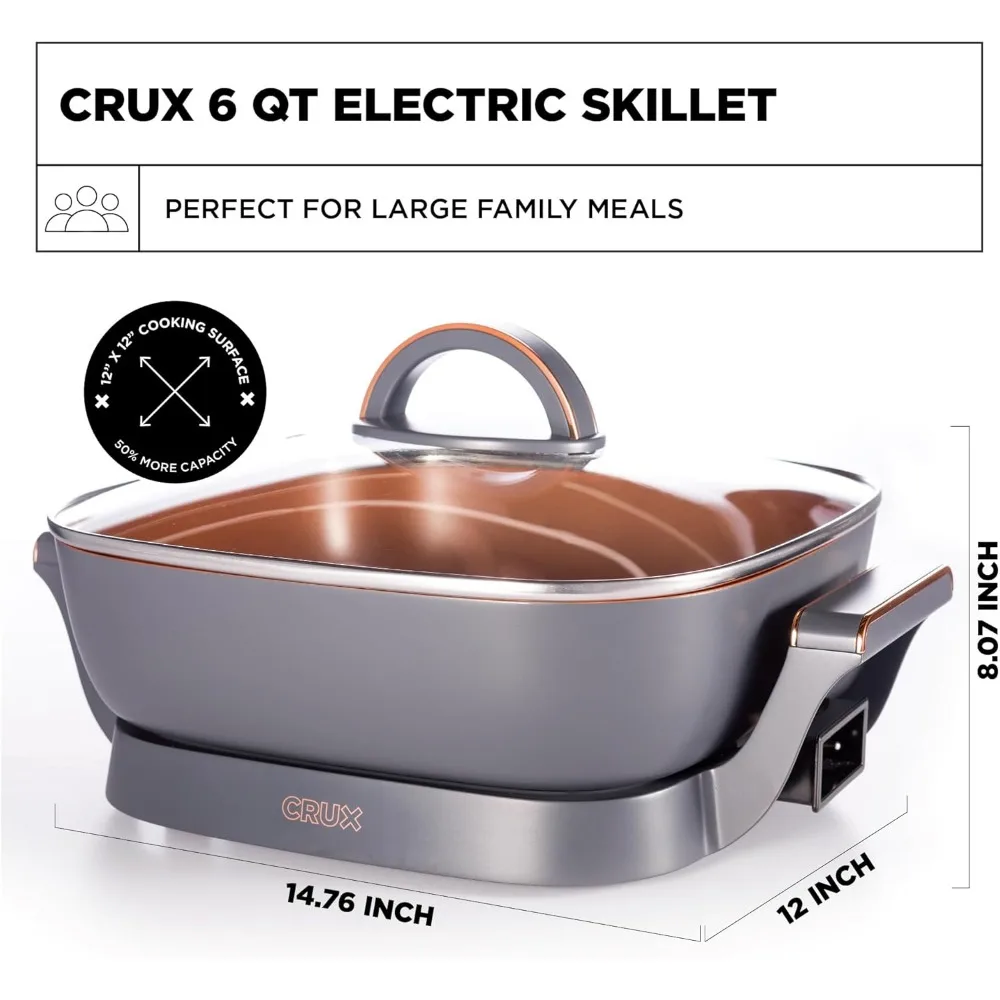 مقلاة كهربائية بغطاء زجاجي - مقلاة سيراميك مقاومة للخدش غير لاصقة، عميق جدًا مع مسبار درجة حرارة قابل للإزالة، 12 بوصة × 12 بوصة