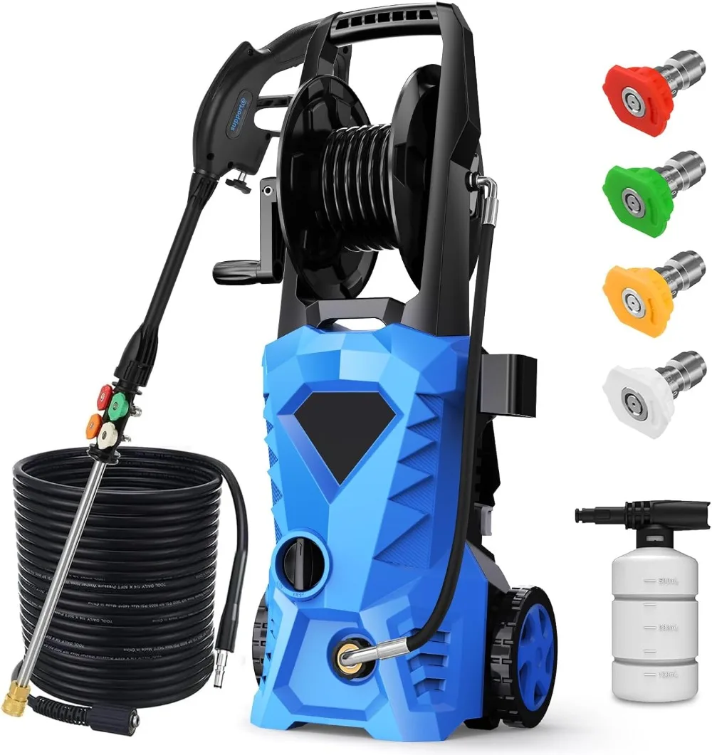 Lavadora elétrica de alta pressão 4500PSI - 3,0 GPM com carretel de mangueira de lavadora de pressão de 33 pés, canhão de espuma, conjunto de 4 bicos, para carro