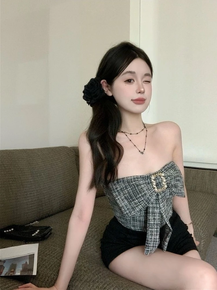 Slim Fit Women 2026 Summer Strapless Cropped Cami Top with Padded Cups Bow Waist Ruched Style