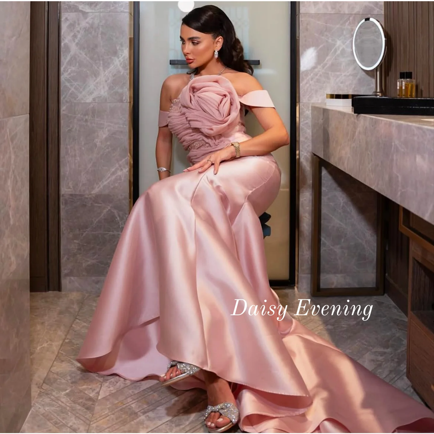 Saudi Arabia Pink Flower Prom Dresses Women's Formal Request Wedding Dress Evening Dress Off Shoulder Party Dresses Customized