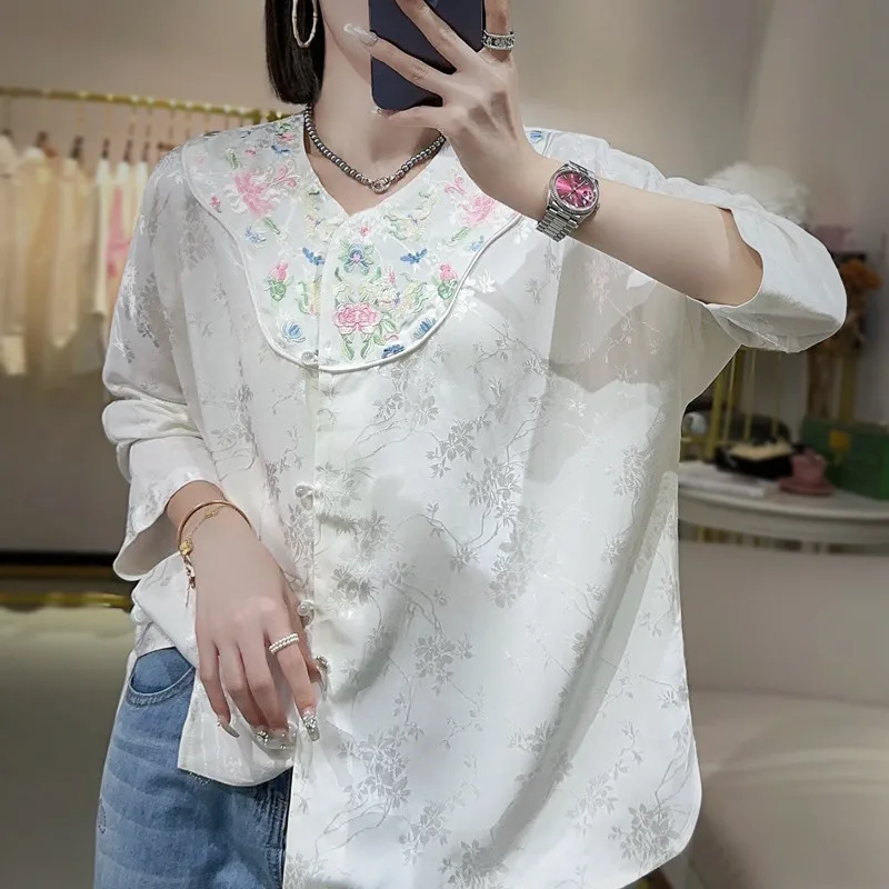 High-end Spring Autumn Top Chinese Tang Attire Retro Embroidery Jacquard Elegant Lady Blouse Sunscreen Clothing Female S-XXL