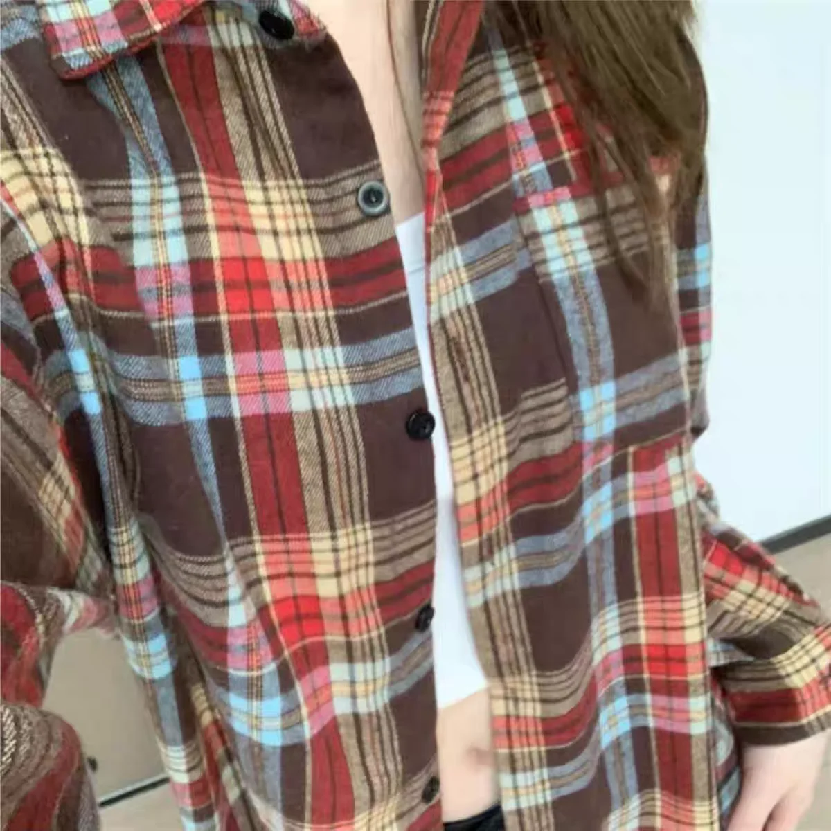 

Vintage Plaid Shirt For Women 2025 Autumn New Long Sleeve Button Shacket American Style Loose Casual Elegant Ladies Clothes Top