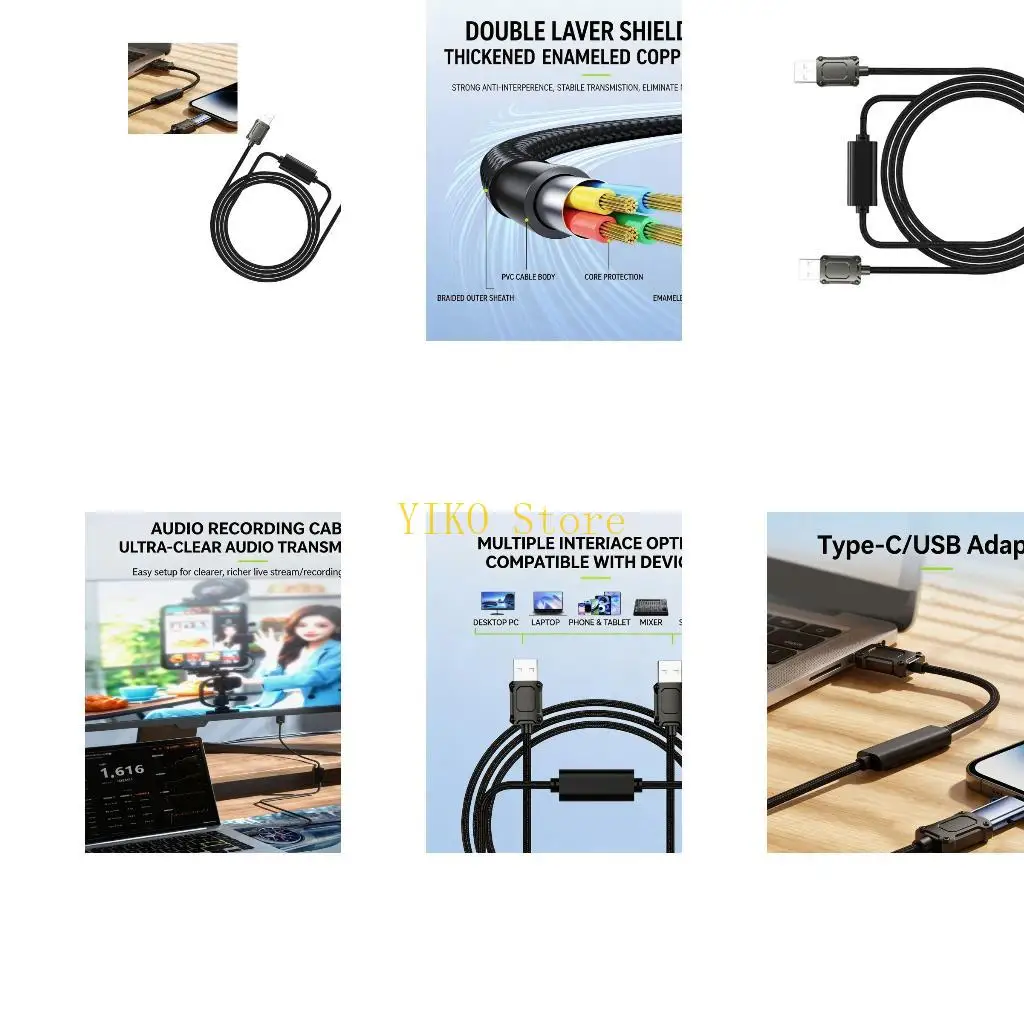 K32C Live Streaming Transfer Cable USB-A to USB-A 2M for Computer Recording, Sound Card Connection, and Desk Use Tasks