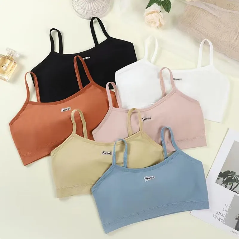 Women Basic Rib Knit Tube Top Bralette Thin Spaghetti Straps Wireless Removable Chest Pads Everyday Inner Camisole Bra
