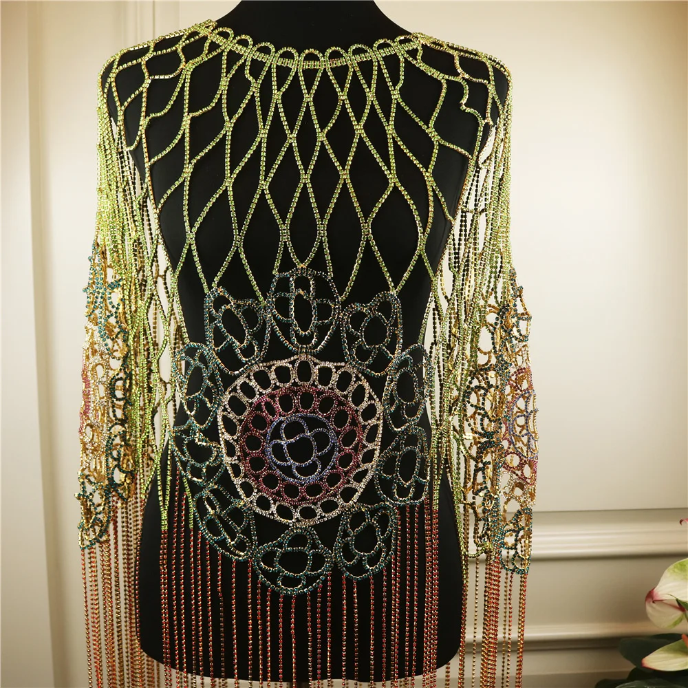 Body Jewelry New luxury Bra Chain Long Tassels Mixed Color Body Chain Sexy Super Flash Rhinestone Birthday Party Body Chain