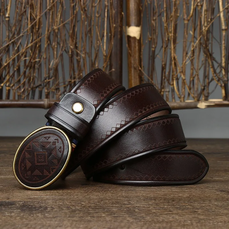 Men's genuine top-grain leather belt with vintage laser-engraved patterns, trendy versatile plate buckle and smooth buckle
