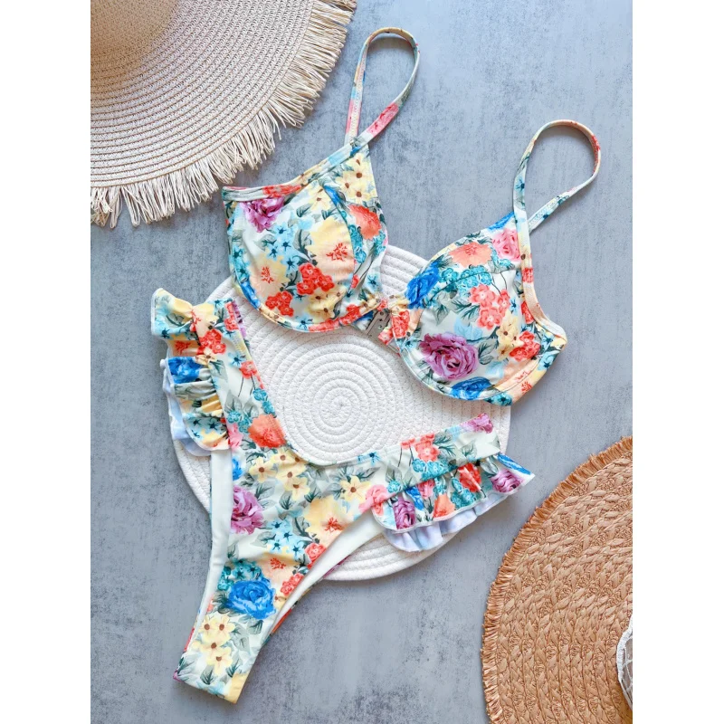 

2025Hot-Selling Floral-Print Flying Bikini Suit High Waist Lace-up Fashionbiquini