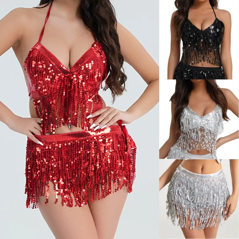 Bühnen party Karneval Kostüm Requisiten Minirock Bauch Latin Tanz Hula Kleid Hipscarf Quaste Pailletten Taillen kette für Festival Geschenk – Detail 7