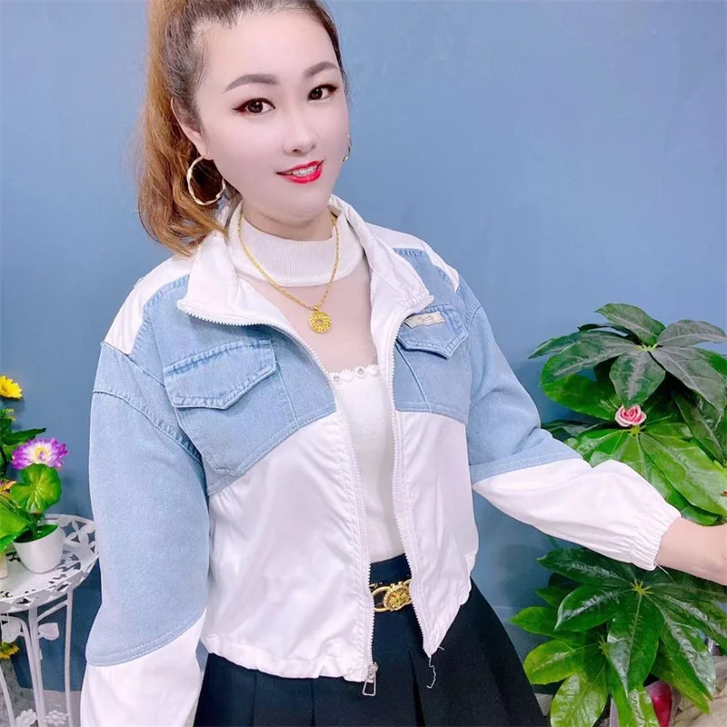 Spring And Autumn New Fashion Contrast Denim Stitching Coat Casual Joker Short 2024 College Wind Girl Temperament Jacket