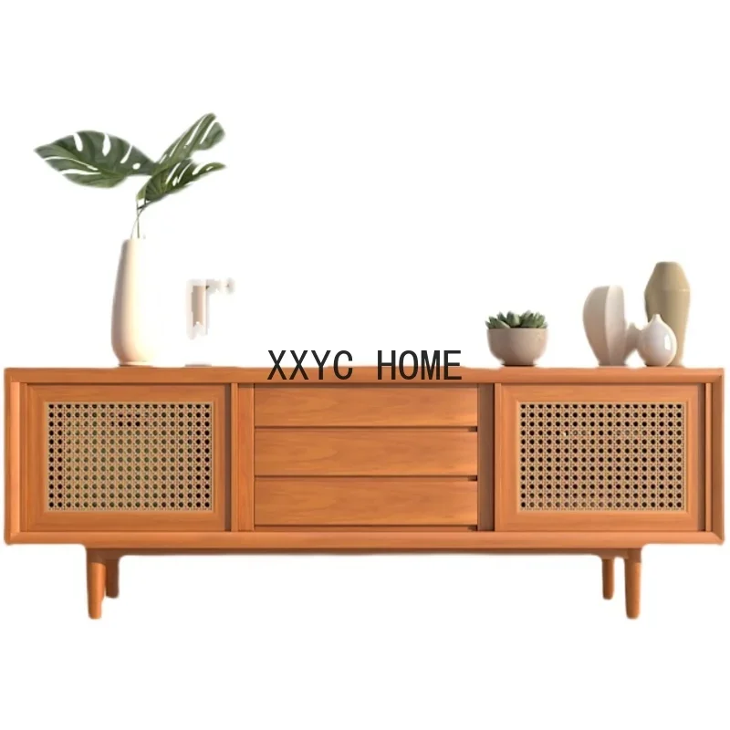 

Japanese-Style Solid Wood Minimalist Living Room Rattan TV Cabinet Modern Light Luxury Storage Bedroom American TV Cabinet
