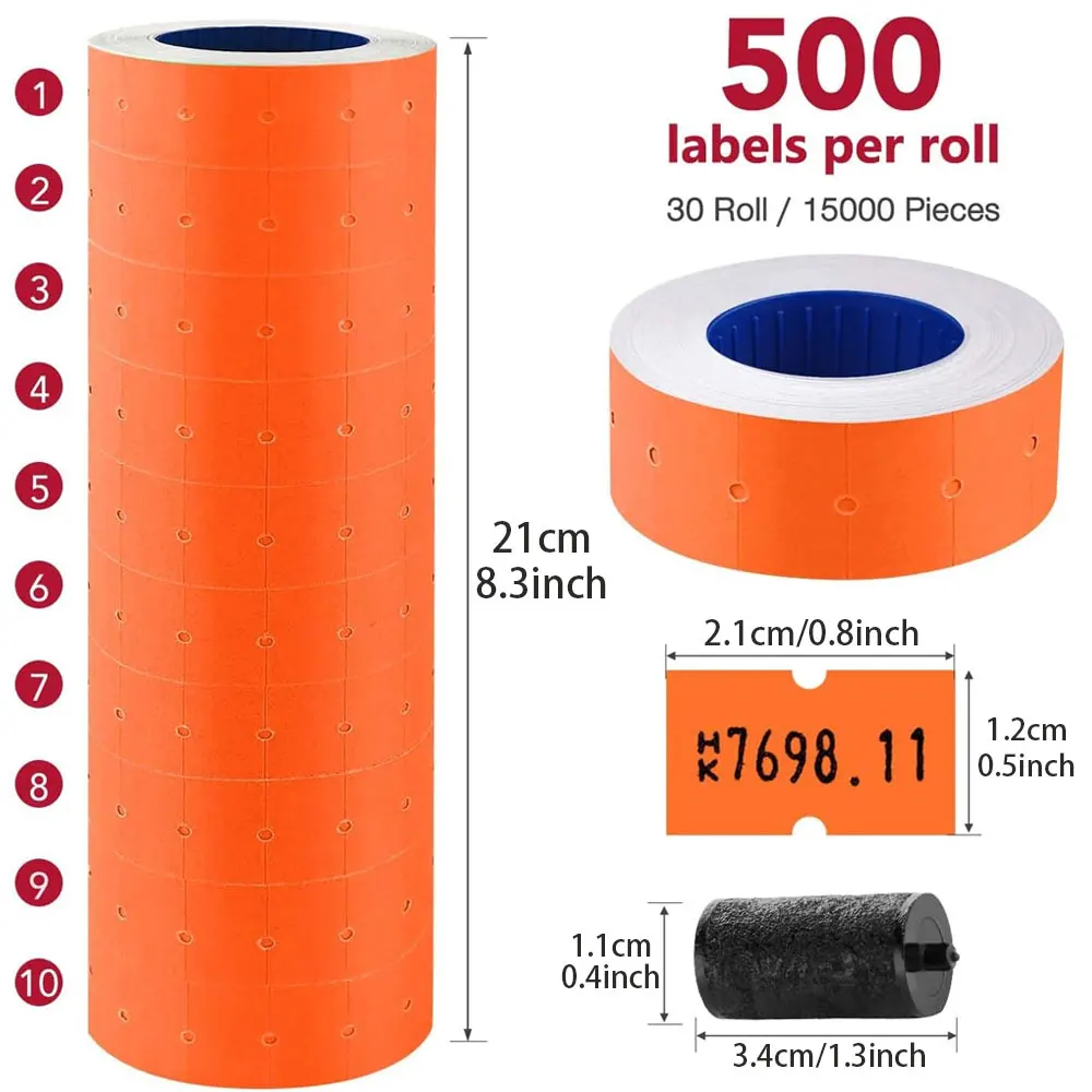 30 Rolls of 15,000 Price Tag Gun Labels, Compatible with the MX-5500 Label Printer, Includes 3 Rolls of Refill Ink (Orange).