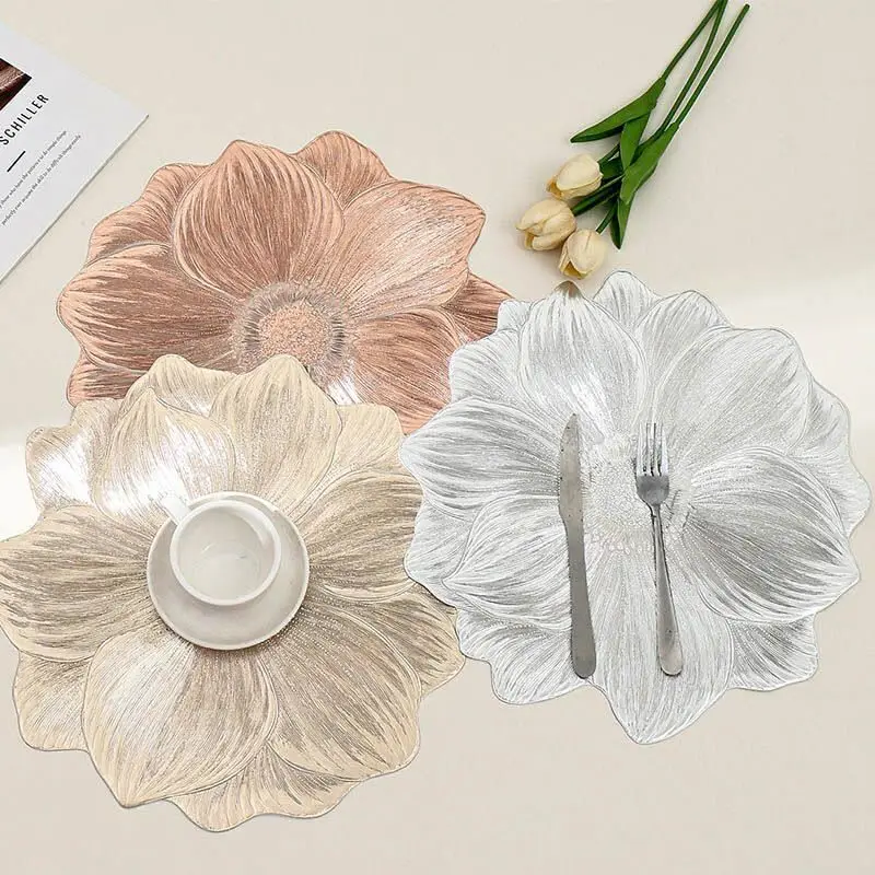 VIKAMA Champagne Lotus 3D Textured Flower Shape Round Placemats Heat Resistant Washable Non Slip Luxury Coffee Table Decor