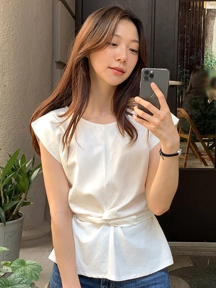 

Корейский женский летний облегающий однотонный льняной топ на пуговицах Fly Sve с затягивающимся талией, дизайн Faion