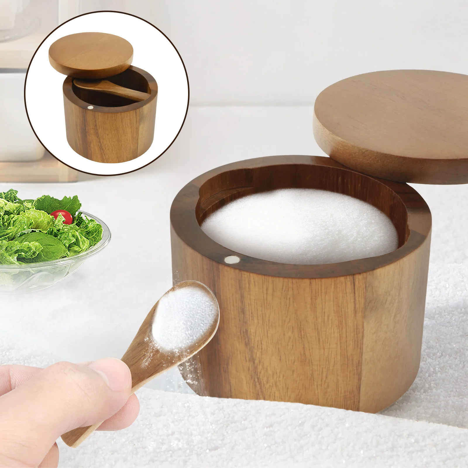 

Bamboo Salt Box Round Seasoning Container with Swivel Lid and Spoon for Storing Salt Pepper Sugar Herbs Spice Box Kitchen Gadget