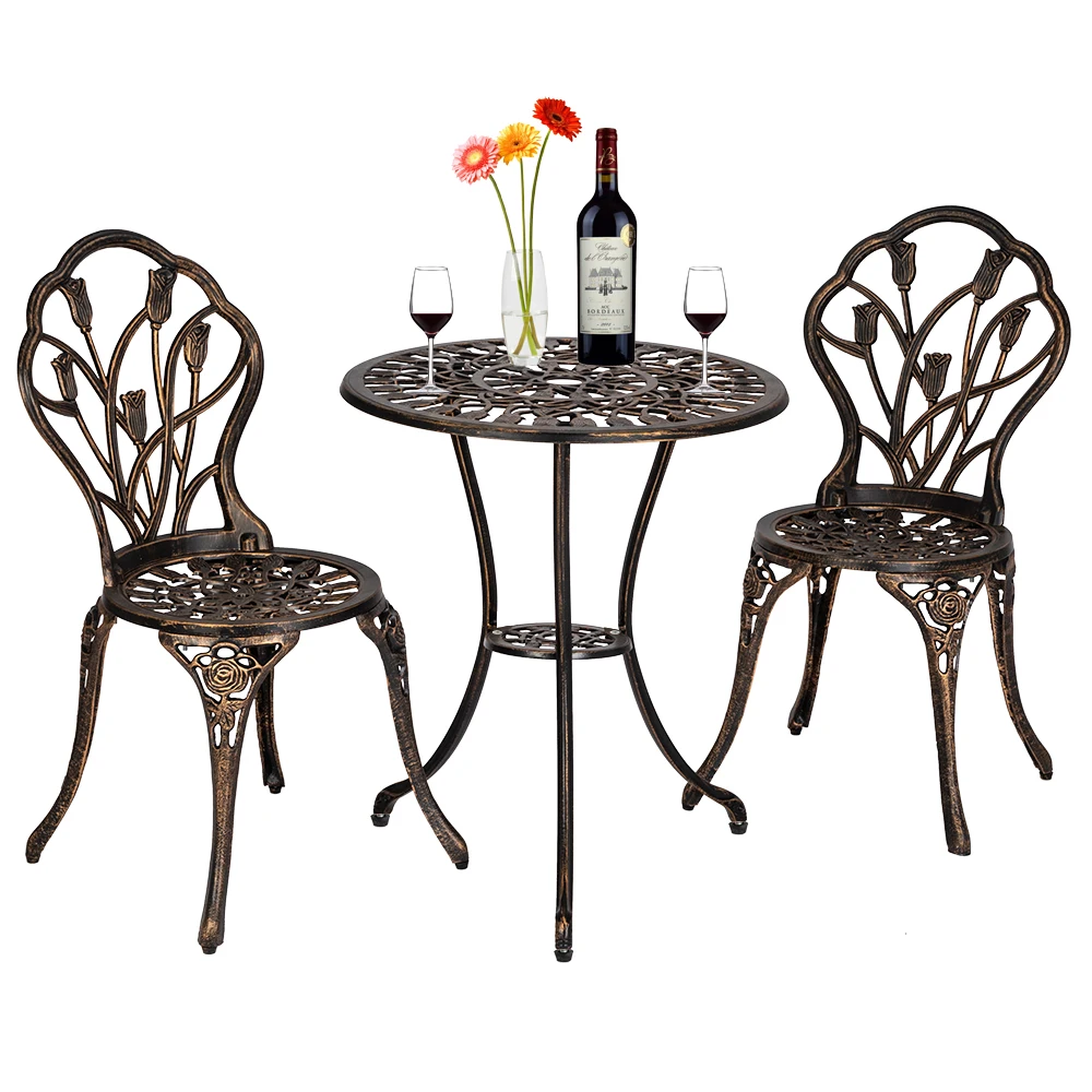 Set da 3 pezzi Tulip Bistro da esterno in alluminio pressofuso in stile europeo di tavolo e sedie in bronzo