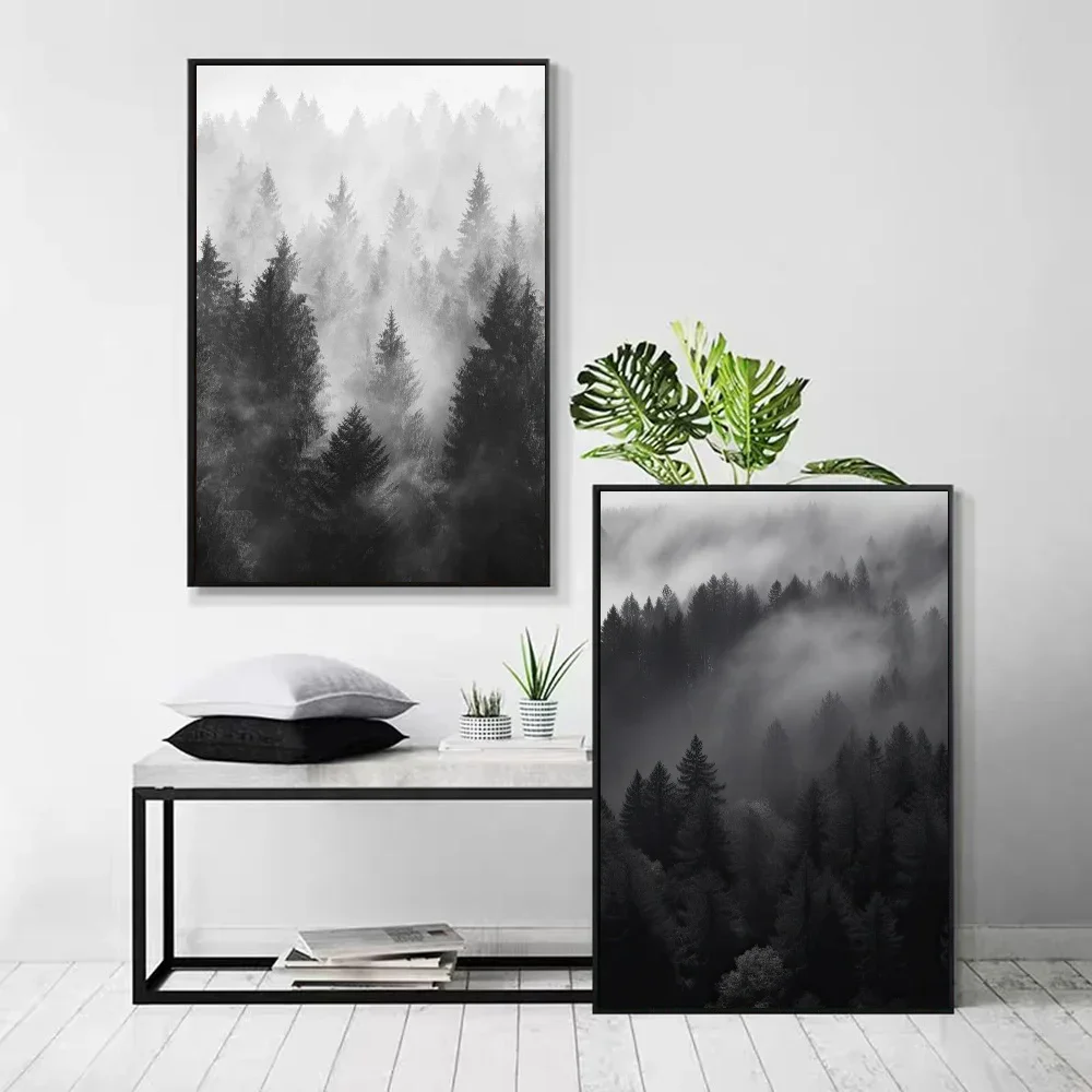 1pc Black And White Tree Foggy Forest Landscape Poster Self-adhesive Art Waterproof Paper Sticker Wall Decor