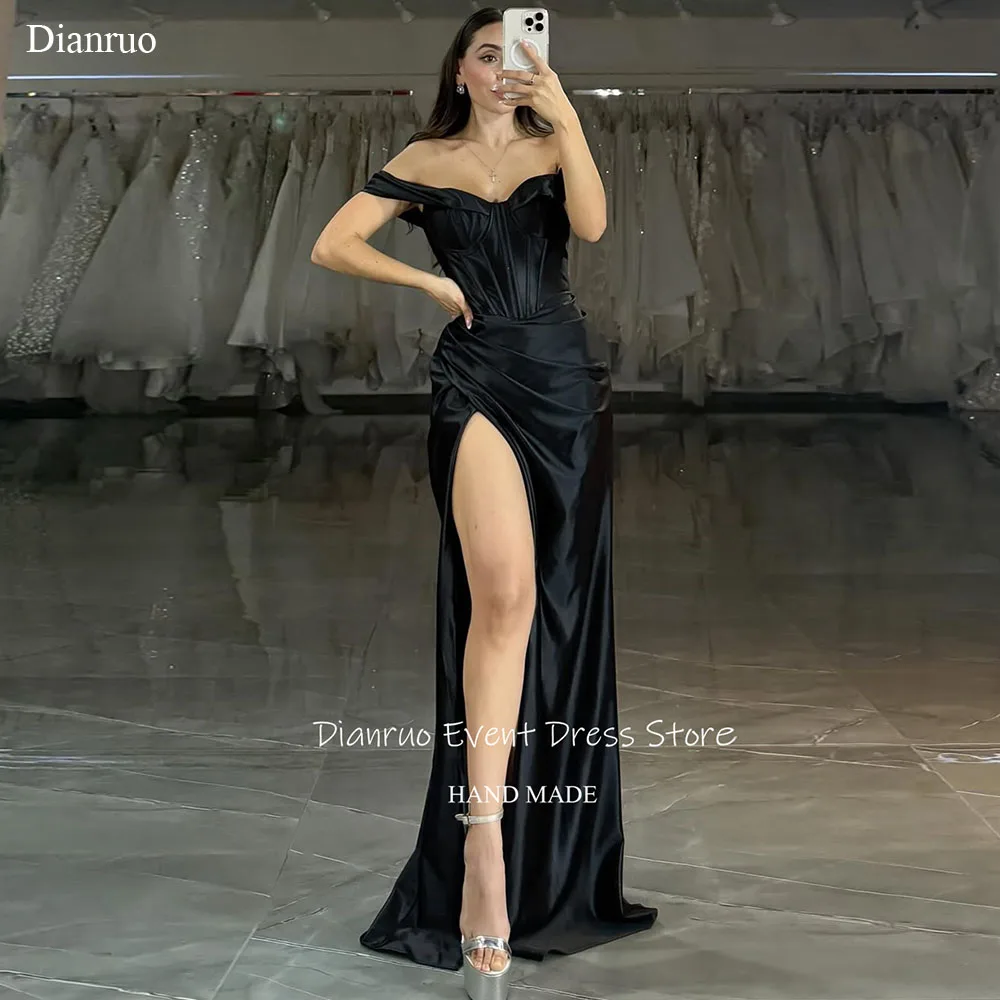 Dianruo 黒恋人イブニングドレスオフショルダーサテンウエディングドレスハイスリットグラマラスアビトセリモニアドナカスタマイズ