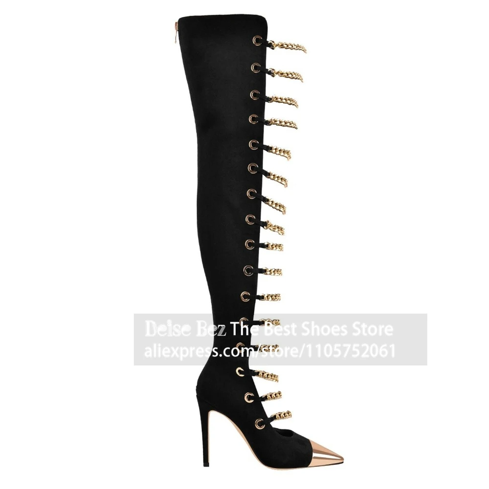 Black Suede Gold Chain Stiletto Sandal Booties Metal Cap Toe Chunky Chain Strap Summer Boots Grommet Chain High Heel Knee Boots
