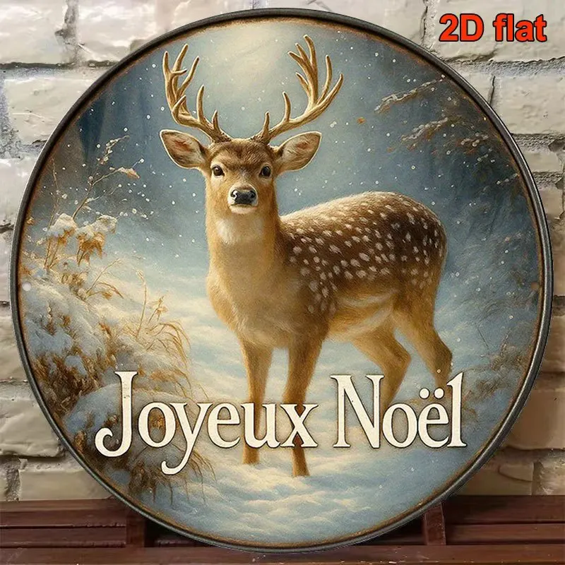 2D Flat, 1pc 1pcs Suitable for Christmas Winter Snow Deer Wall Decor - Vintage Round Sign with French Text Compatible for French