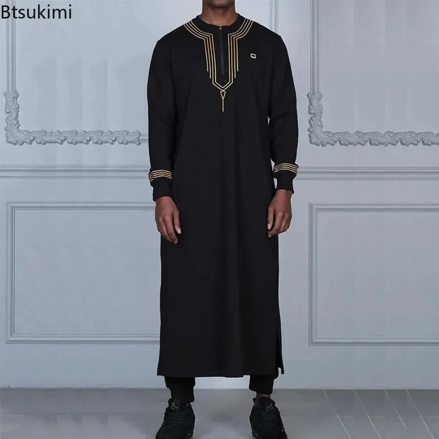 Caftan brodé à manches longues et col rond pour hommes, robe arabe, mode musulmane, Abaya, Dubaï, Turquie, fête décontractée, Thobe Jubba, nouveau, 2025