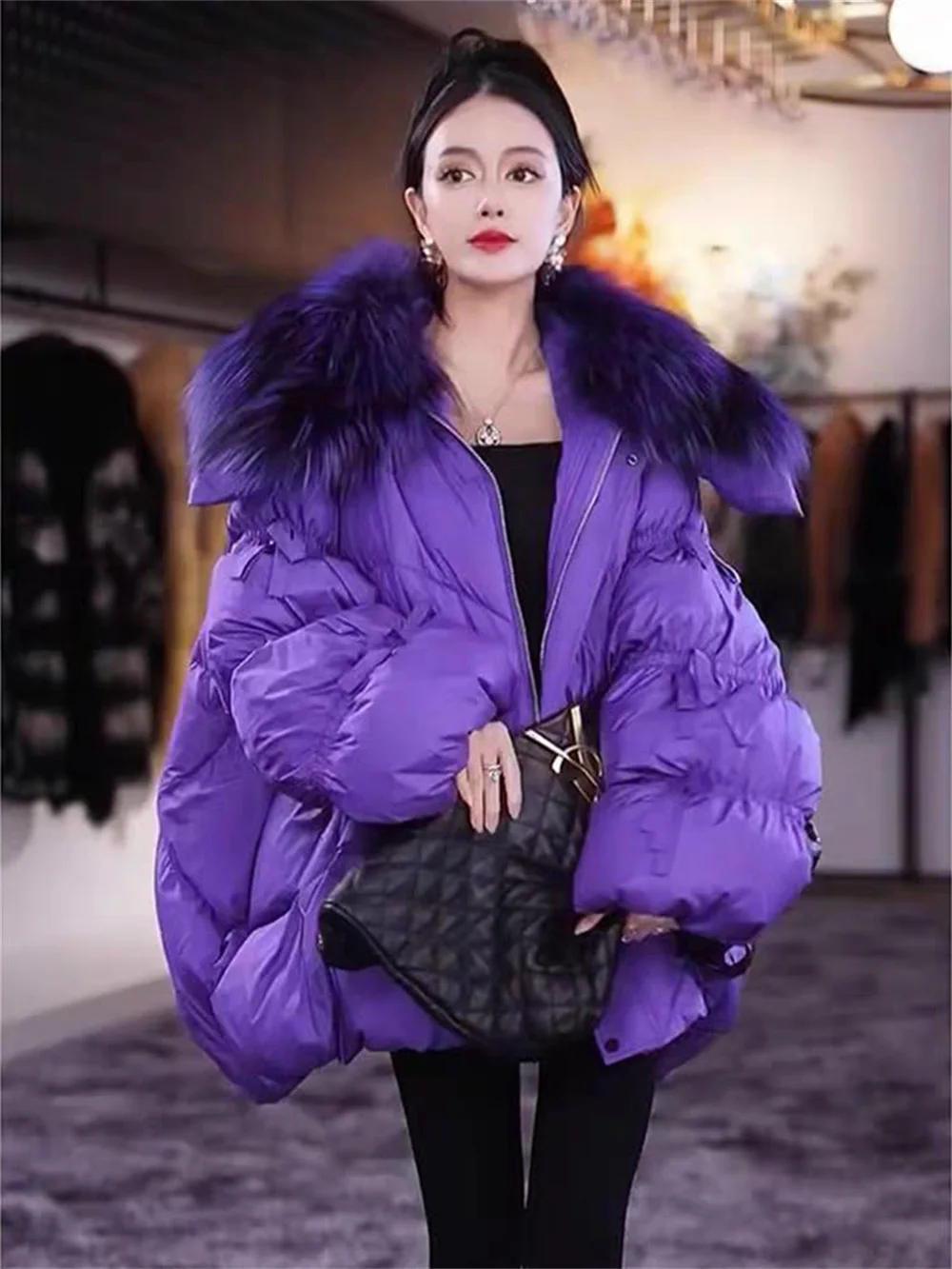 

Xiaoxiangfeng Purple Jacket, Fashionable High-end Mid Length Thick and Loose Down Jacket With a Large Collar, Women's Winter New