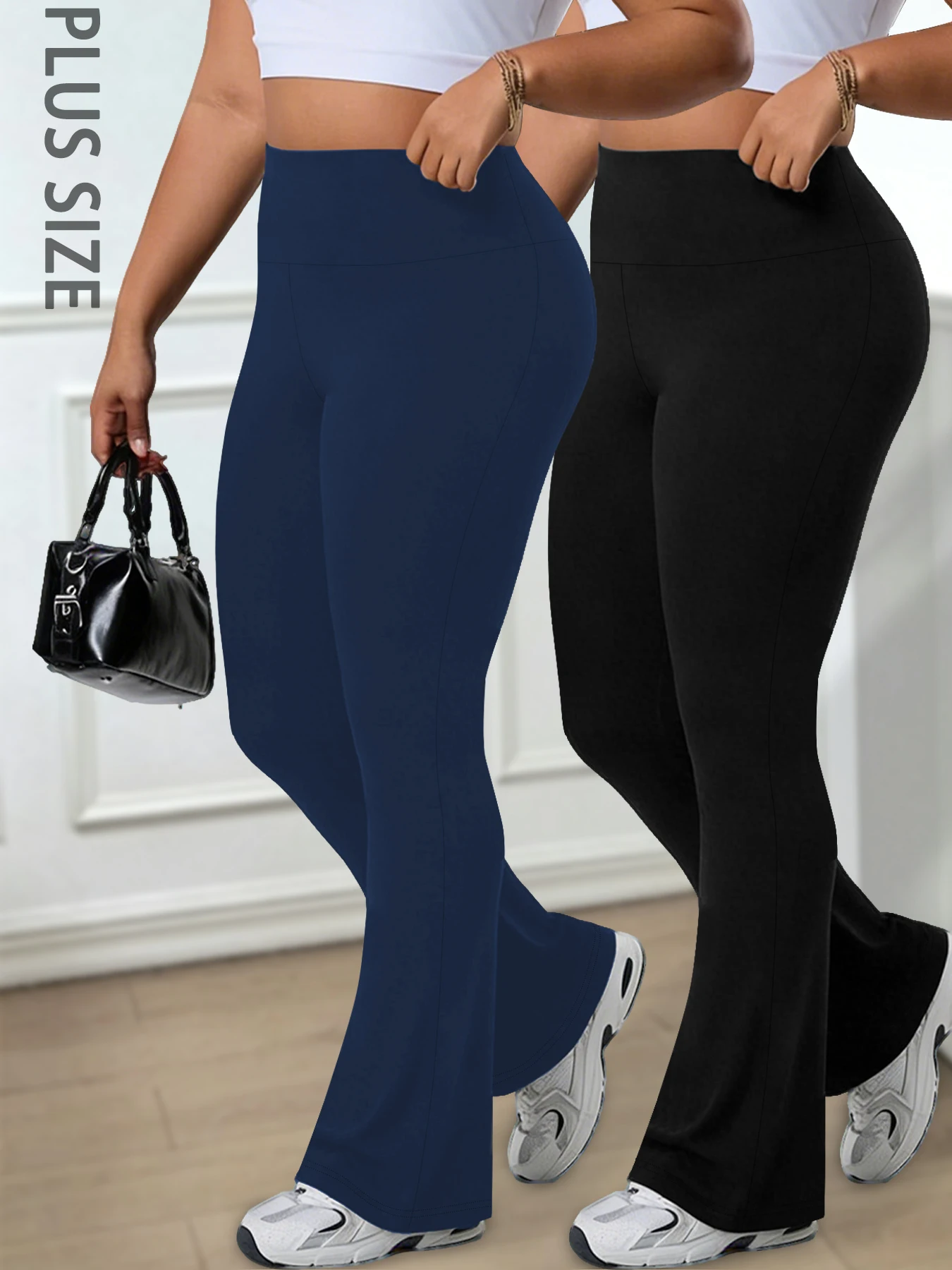 

2 Pack Plus Size Ladies high-rise flared yoga trousers with leg bottom. Perfect for yoga or casual.