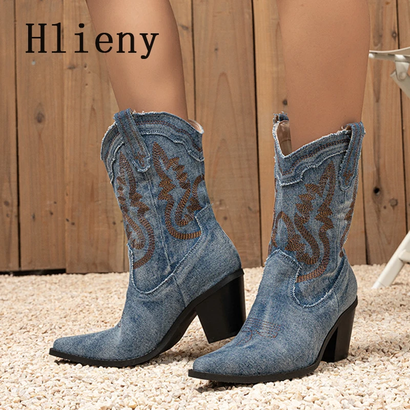 Hlieny New Retro Pointed Toe Women Mid-Calf Boots Spring Autumn Winter Fashion Embroidery Square Heels Party Dress Shoes