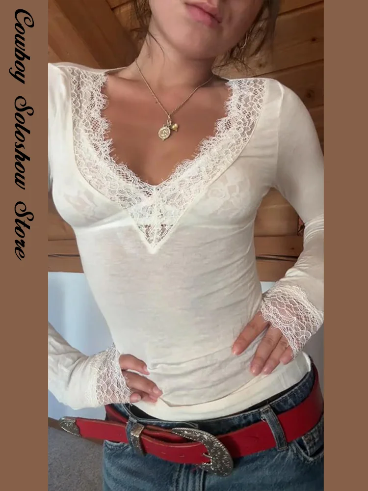 Tops de retazos de encaje ligero para mujer, Top elegante liso con cuello de pico, Top ajustado de manga larga para mujer, nueva moda, ropa informal de otoño para uso diario 2025