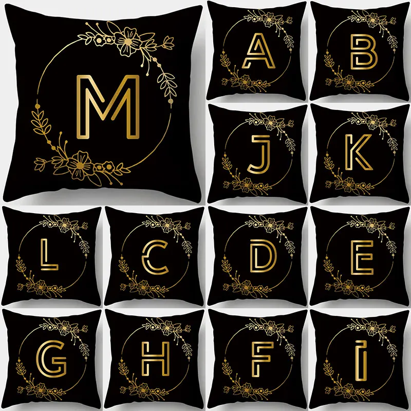 

1Pcs Black Golden Alphabet Letter 43*43cm Polyester Cushion Cover Decorative Cushions for Sofa Car Decoration Pillowcase 40914