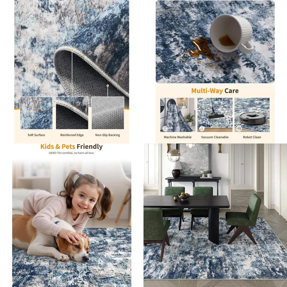 

Modern Blue/Brown 6x9 Rug - Abstract, Washable, Non-Slip, Stain Resistant for Living Room & Bedroom