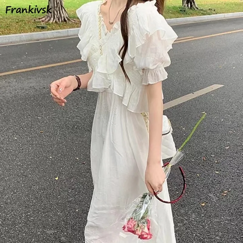 

V-neck Dresses for Women Temperament Ruffles Chic Long French Style Sweet Daily Spring Slender Clothing Puff Sleeve New Design