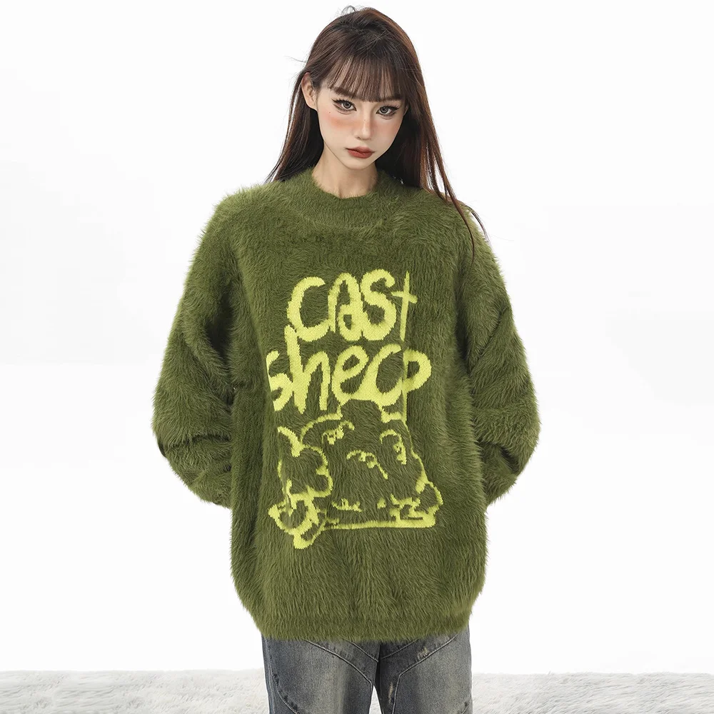 New Women Autumn Winter Velvet Sweater Fashion O-Neck Long Sleeve Knitted Oversized Pullover Casual Loose Green Letter Sweater