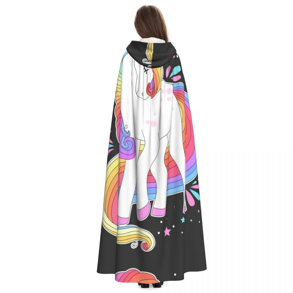 Witte Eenhoorn Met Regenboog Haar En Sterren Polyester Unisex Heks Cape Kostuum Accessoire