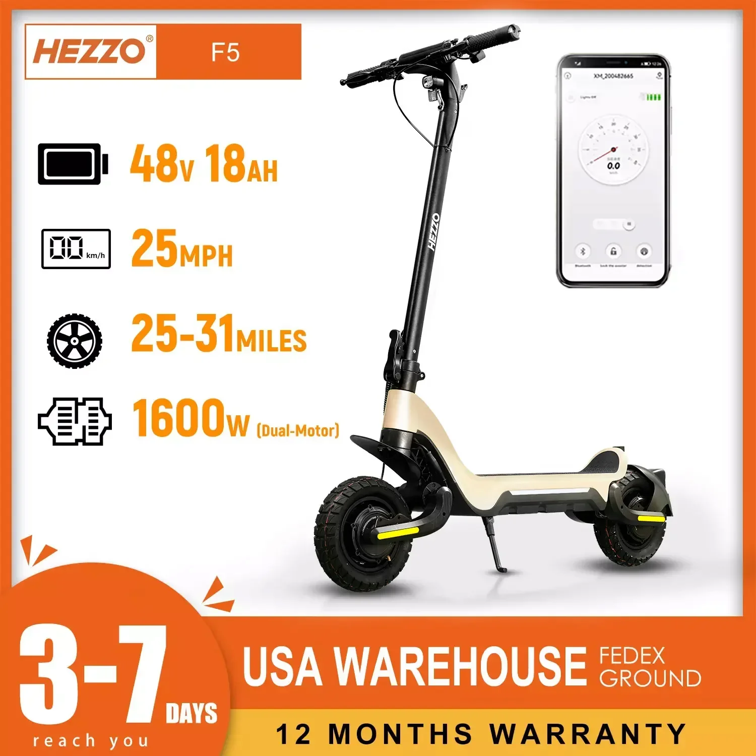 HEZZO F5 48V 1600W 18Ah Electric Scooter City Off-road Strong Dual Motors Escooter Disc Brake 31Mph 37Miles Long Range US stock