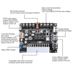 ATX Power Supply Breakout Board com Kit Acrílico Case, USB, tipo C saídas, adaptador de tensão ajustável, módulo de alimentação, 20 pinos, 24 pinos