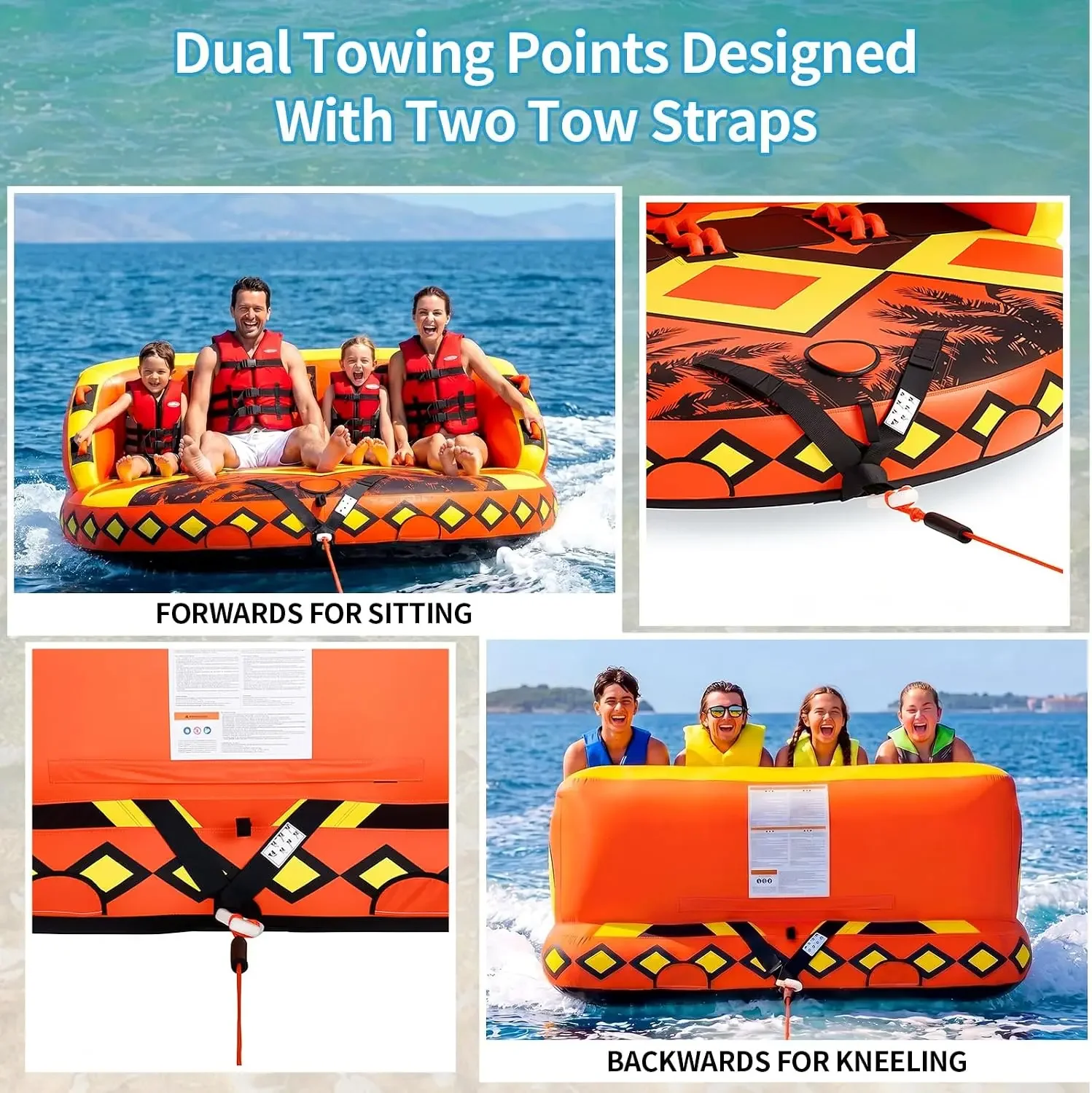 USA Stock Inflatable Towable Tubes For Boating 1-4 Person With Tow Ropes | Boat Tube For Water Tubing With 840D Full Nylon Cover