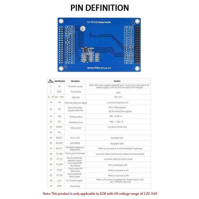 A14M 3.2 Inch TFT LCD Display Module 320 x 240 Pixels ILI9341 8080 Parallel+SPI 3.3V LCD 65K Color Resistance Touch Screen