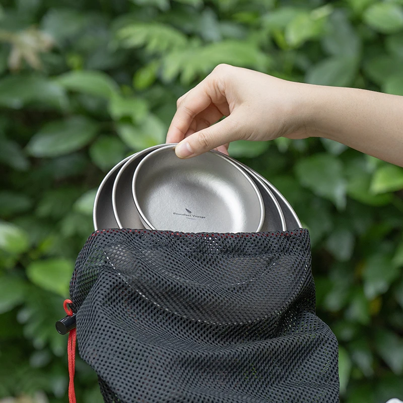 Boundless Voyage 3pcs Ultralight Titanium Plate Camping Bowl Dish with Mesh Bag Outdoor Camping Tableware Cookware Mess Kit