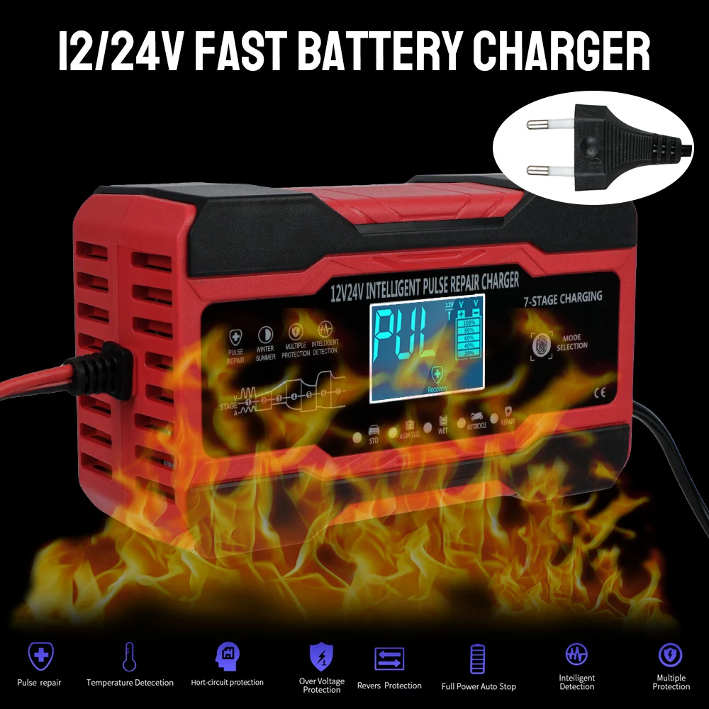 

Wet Dry Lead Acid Battery Full Automatic Car Battery Charger Pulse Repair 12V 10A / 24V 5A Digital Display Battery Charger