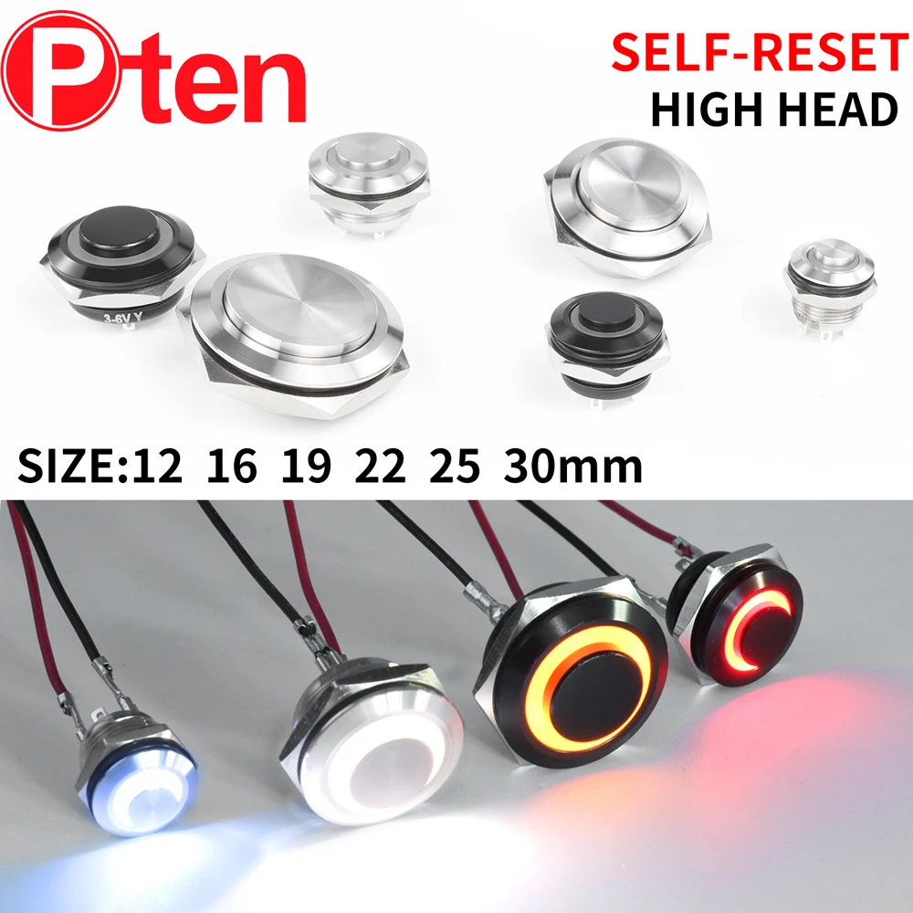 

High head 12/16/19/22/25/30mm Short Stroke Mini Waterproof Metal Push Button Switch Power Led Light Momentary 5/12/24V black1NO
