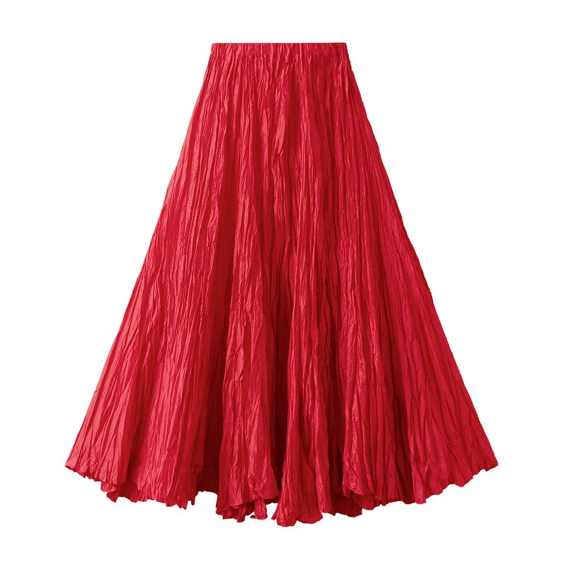 2025 Women's Spring New Trendy Loose Casual Pleated Long Skirts Female High Waist Wrinkles Elegant Beach Vacation Skirts