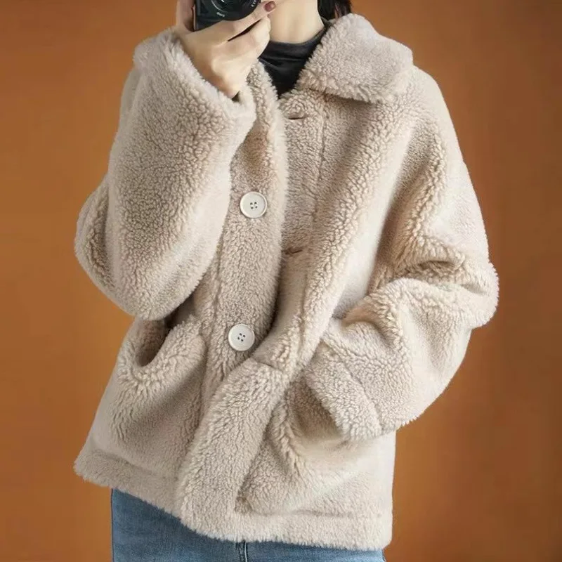 

Fashion trend lamb wool jacket for women's autumn and winter new item, sheep shearing fur short style, loose grain lamb wool