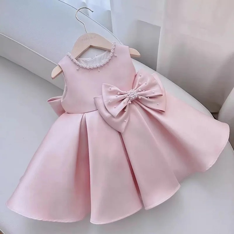 Toddler White Wedding Satin Princess Baby Girl Dress Big Bow 1 Year Birthday Baptism Party Dress for Girl Bridemaid Kids Clothin