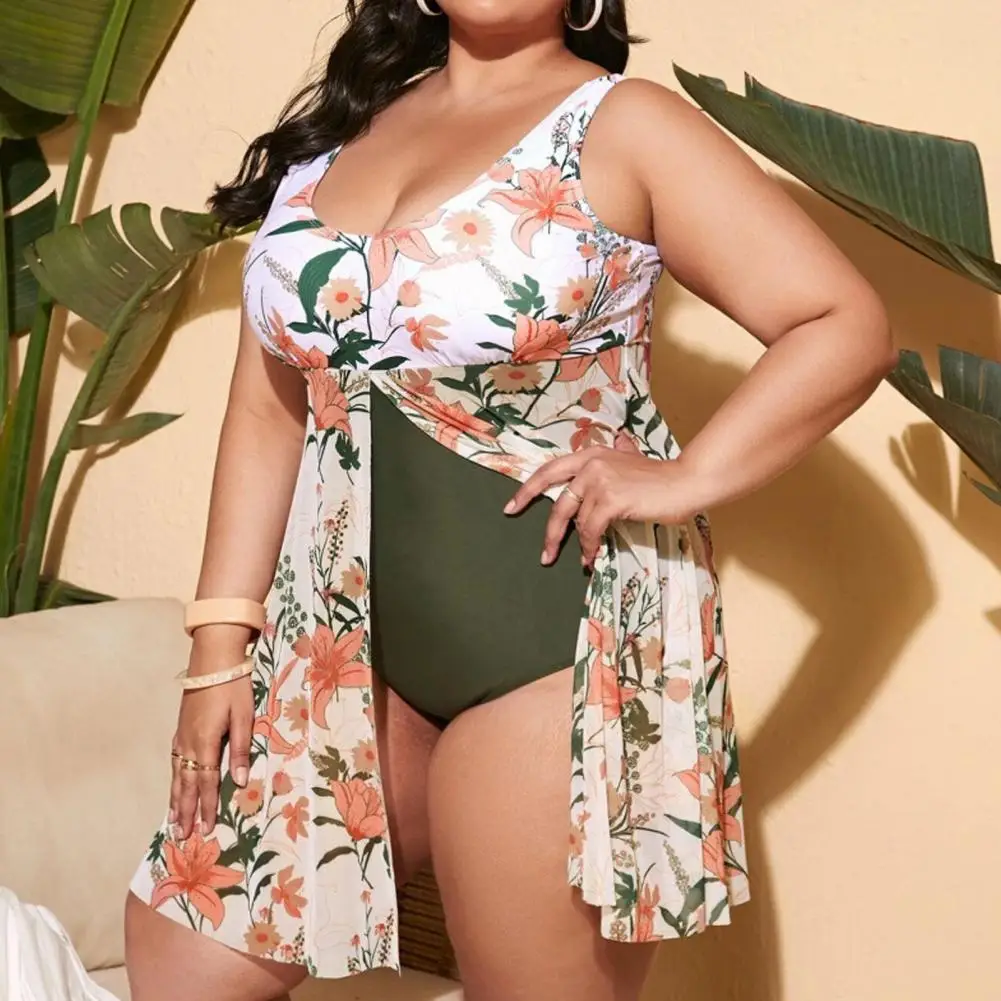 Plus Size Women Summer Monokini U-neck Sleeveless Plant Print Split Hem One-Piece Swimsuit Control Tummy Swimming Suit Beachwear