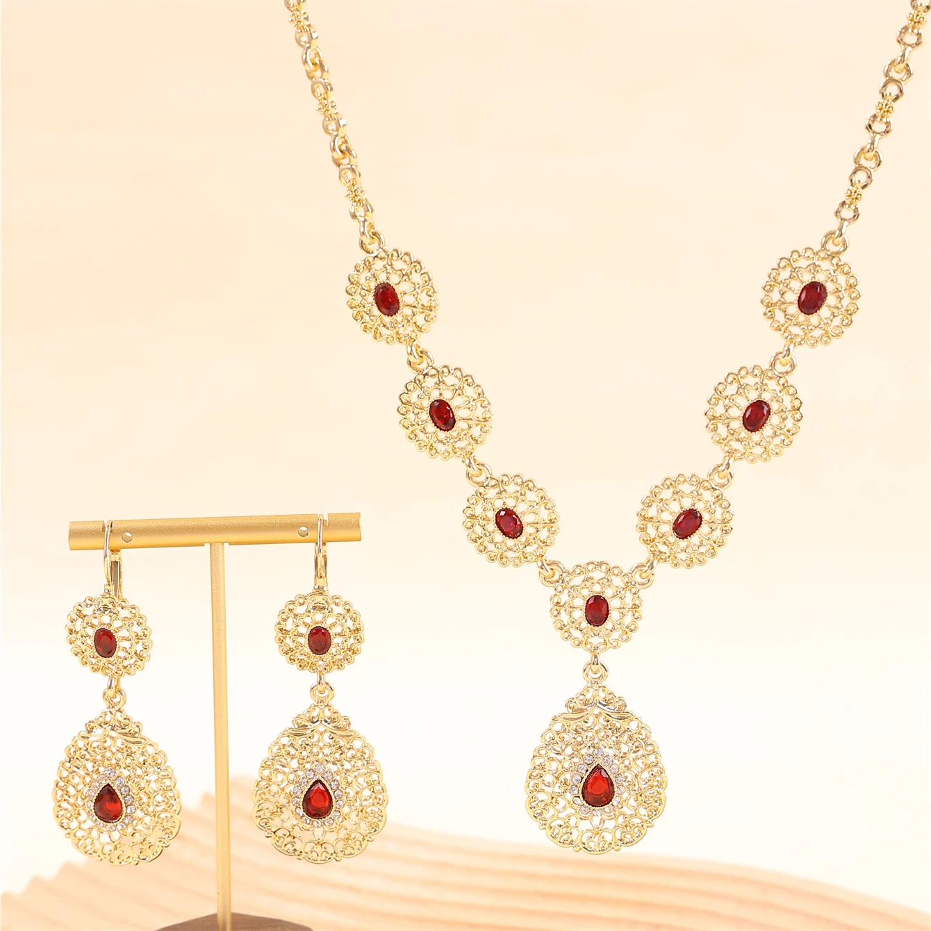 Moroccan Necklace Earrings Set Women's Decorative Jewelry Colorful Rhinestones With Drop Pendants Bridal Wedding Jewelry