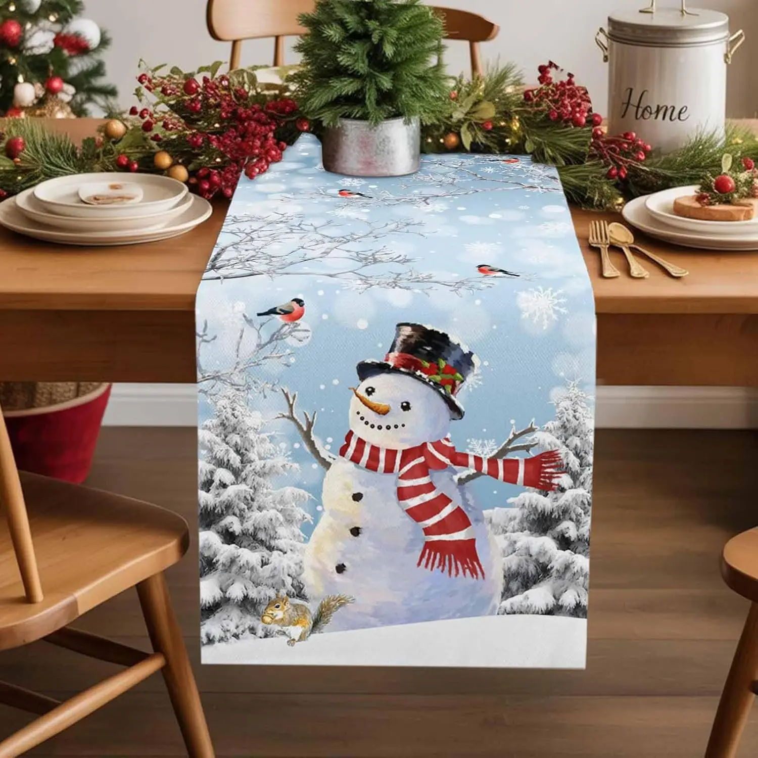 Christmas Tree Snowman Linen Table Runner Holiday Party Decor Winter Snow Branch Bird Dining Table Runners Christmas Decorations