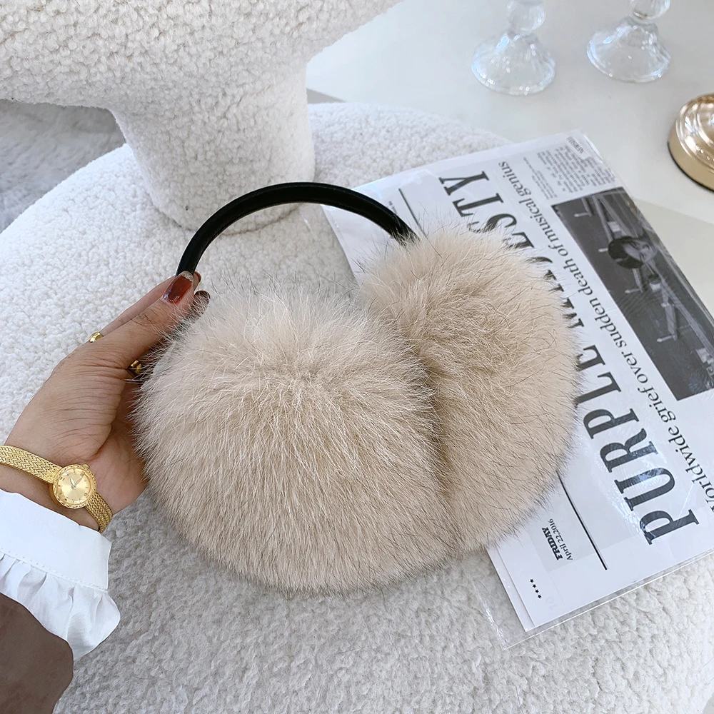 Winter Women Warm Real Fox Fur Earmuffs Girl\'s Earlap Ultra Large Ladies Plush Earmuff Luxury Ladies Fox Fur Earmuffs